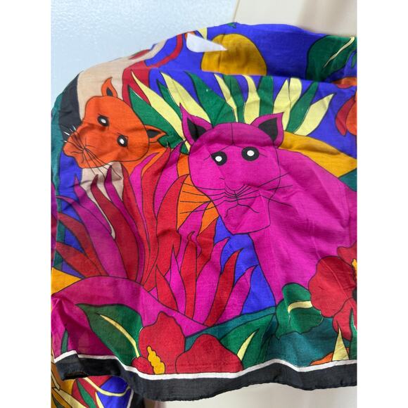 Vintage Mamudpur 80s Rainbow Jungle Silk Scarf Elephant Big Cat Floral Full Moon - Picture 2 of 5